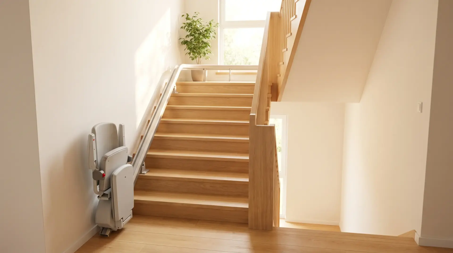 Stairlift beside wooden staircase in sunlit home interior with potted plant