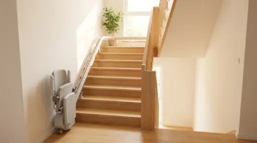 Stairlift beside wooden staircase in sunlit home interior with potted plant