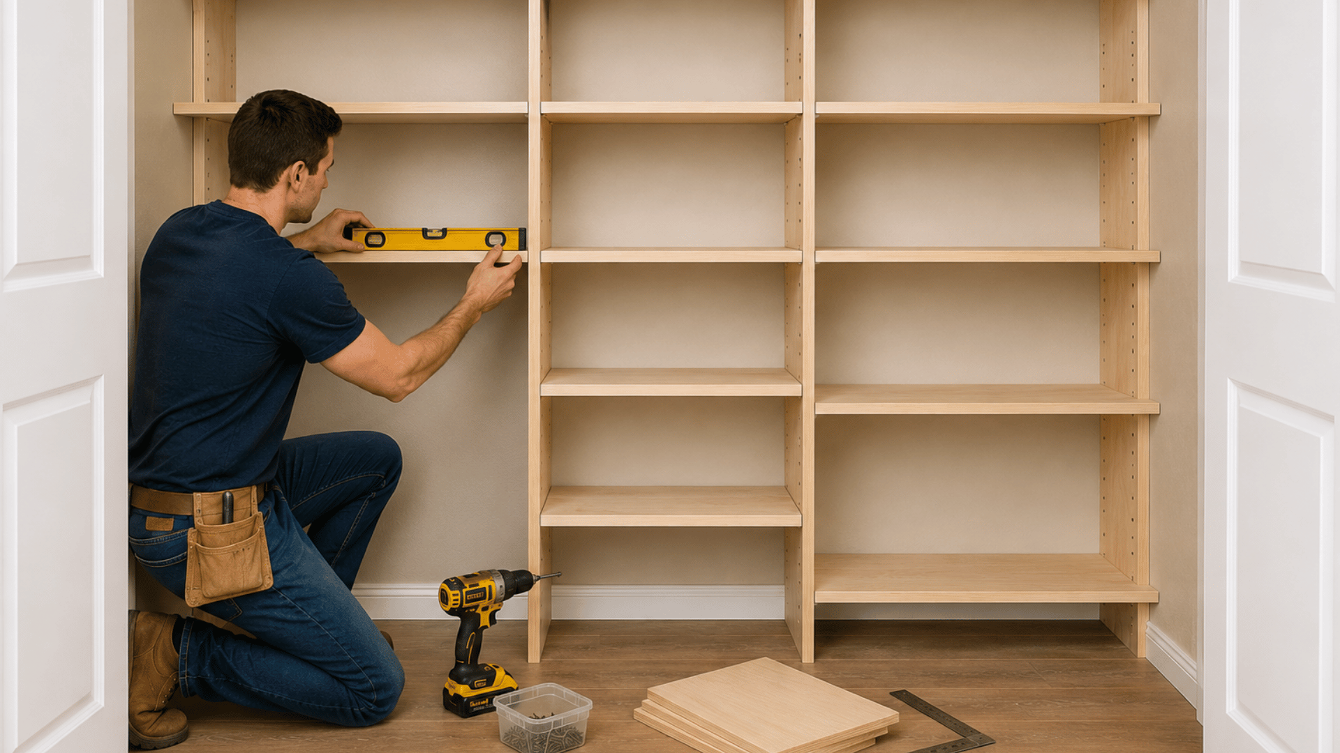 adding wooden shelves to closet organizer framework while ensuring proper spacing and support