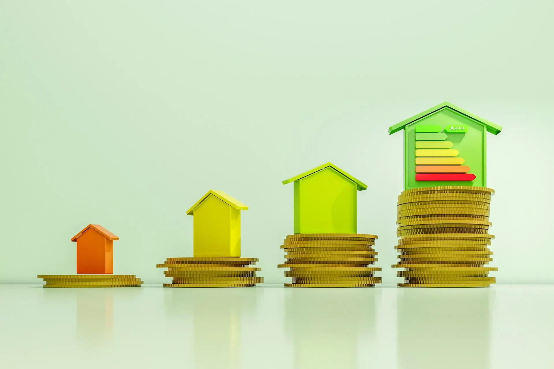 Stacked gold coins with colorful house models, green energy efficiency label on largest house