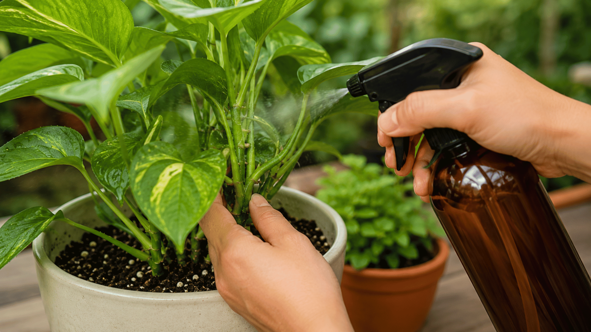 Applying neem oil spray to plant stems, leaf joints, and hidden areas where pests commonly gather and lay eggs
