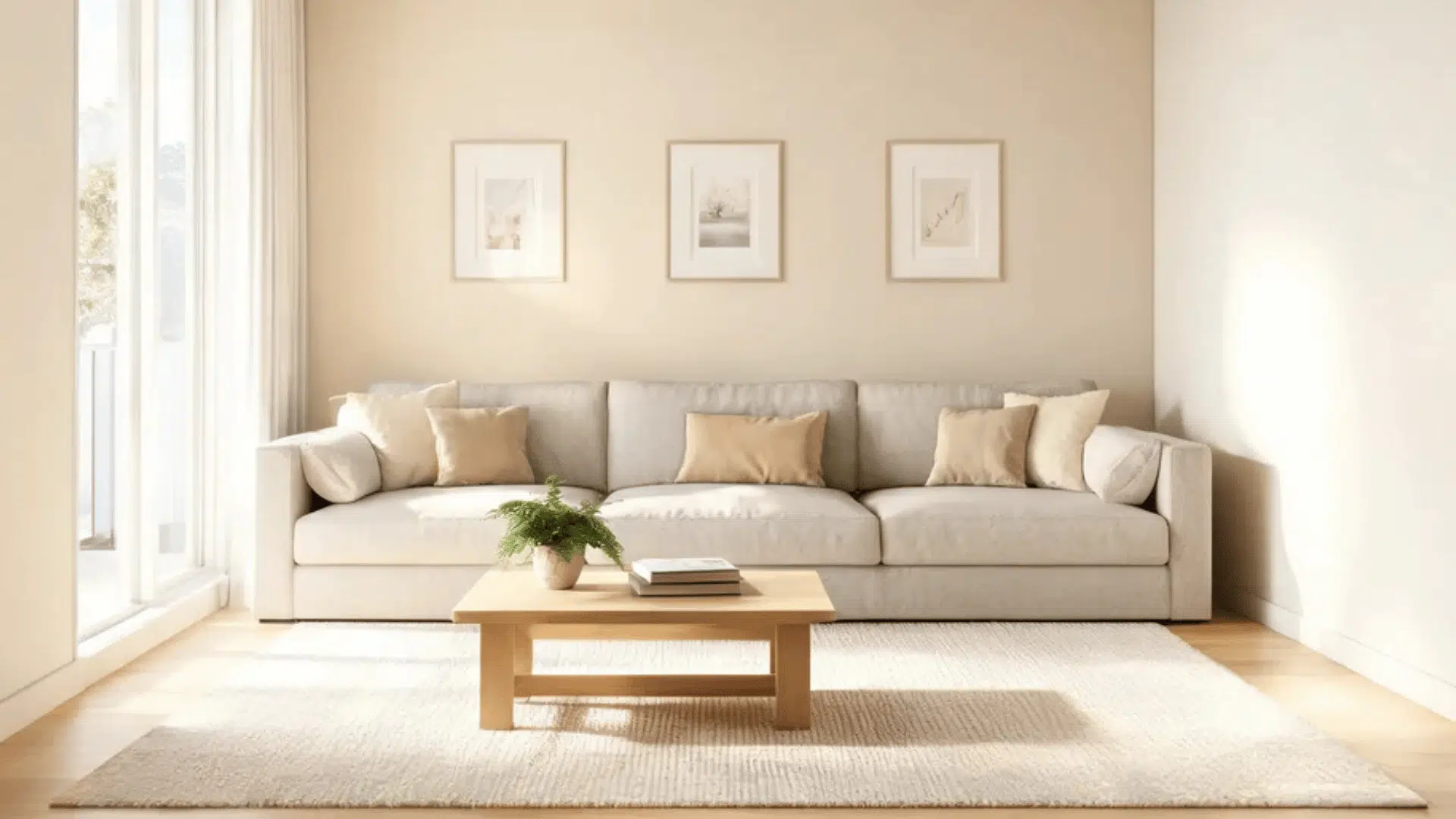 a sunlit living room with light grey sofa wooden coffee table and wall art