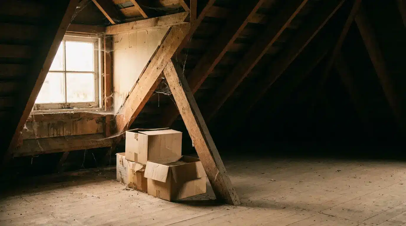 Dusty attic with wooden beams, cardboard boxes, and cobwebs lit by a small window