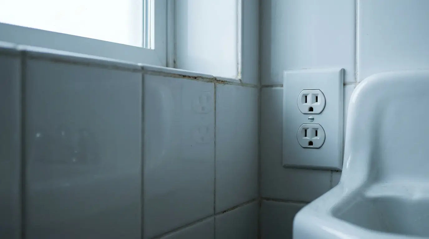 Electrical outlet on tiled bathroom wall next to white sink in natural light