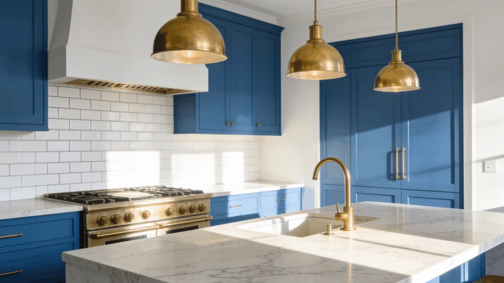 blue and white kitchen with brass pendant lights marble island brass faucet subway tile backsplash and natural sunlight (1)