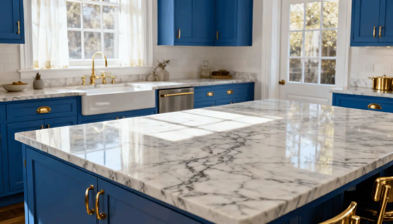 blue and white kitchen with marble countertops gold hardware bright natural light and elegant farmhouse sink design