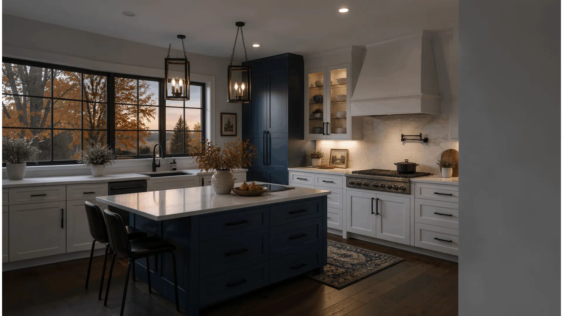 blue and white kitchen with matte black hardware large island bright windows and modern farmhouse style