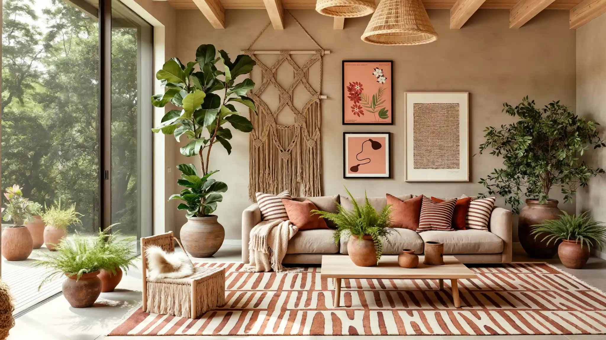 bohemian living room featuring a beige sofa, terracotta accents, abundant indoor plants, a macrame wall hanging, and a large sliding glass door overlooking greenery
