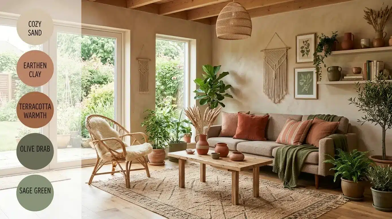 bohemian living room featuring neutral tones, abundant indoor plants, wooden textures, and color swatch labels for paint inspiration