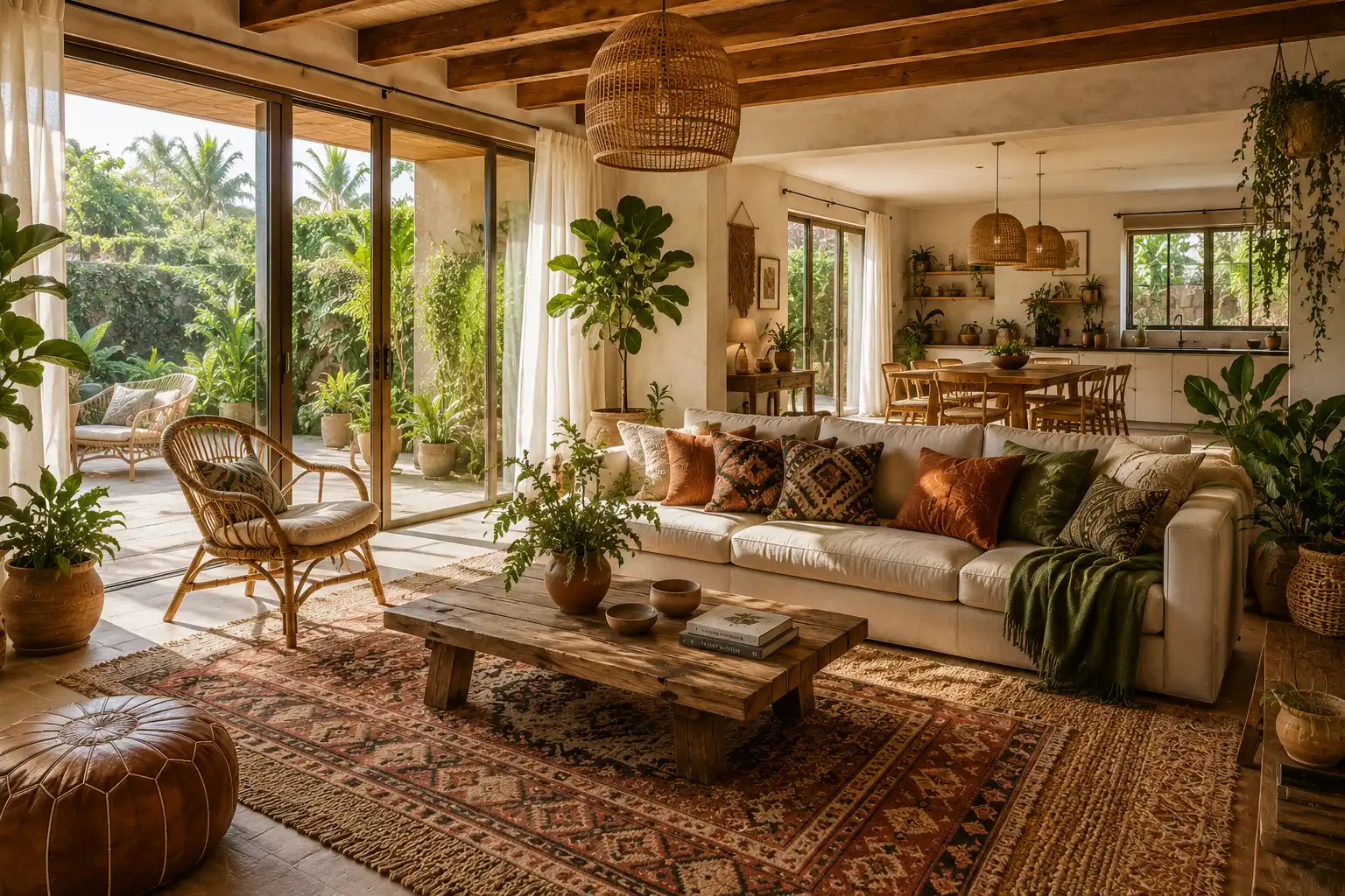 bohemian open-plan living room featuring a white sofa, rustic wood coffee table, patterned rugs, numerous potted plants, and large glass doors opening to a lush green patio