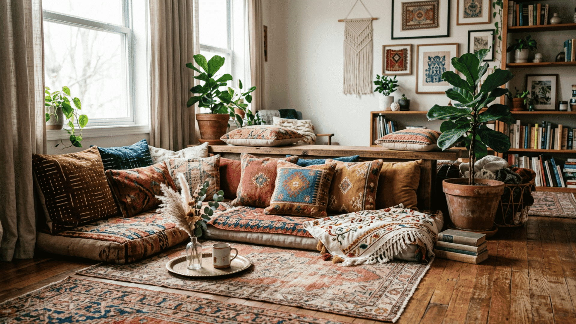 boho floor seating nook with patterned cushions indoor plants woven wall decor and cozy textiles