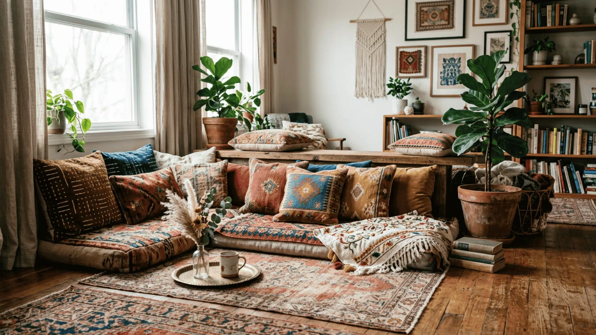 boho floor seating nook with patterned cushions indoor plants woven wall decor and cozy textiles