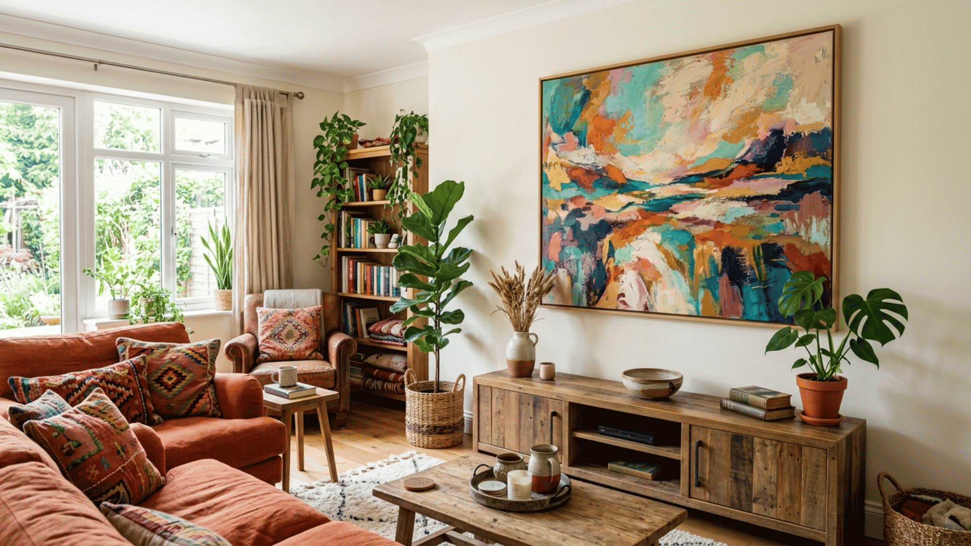 boho living room with abstract wall art rust sofa patterned cushions indoor plants and wooden furniture