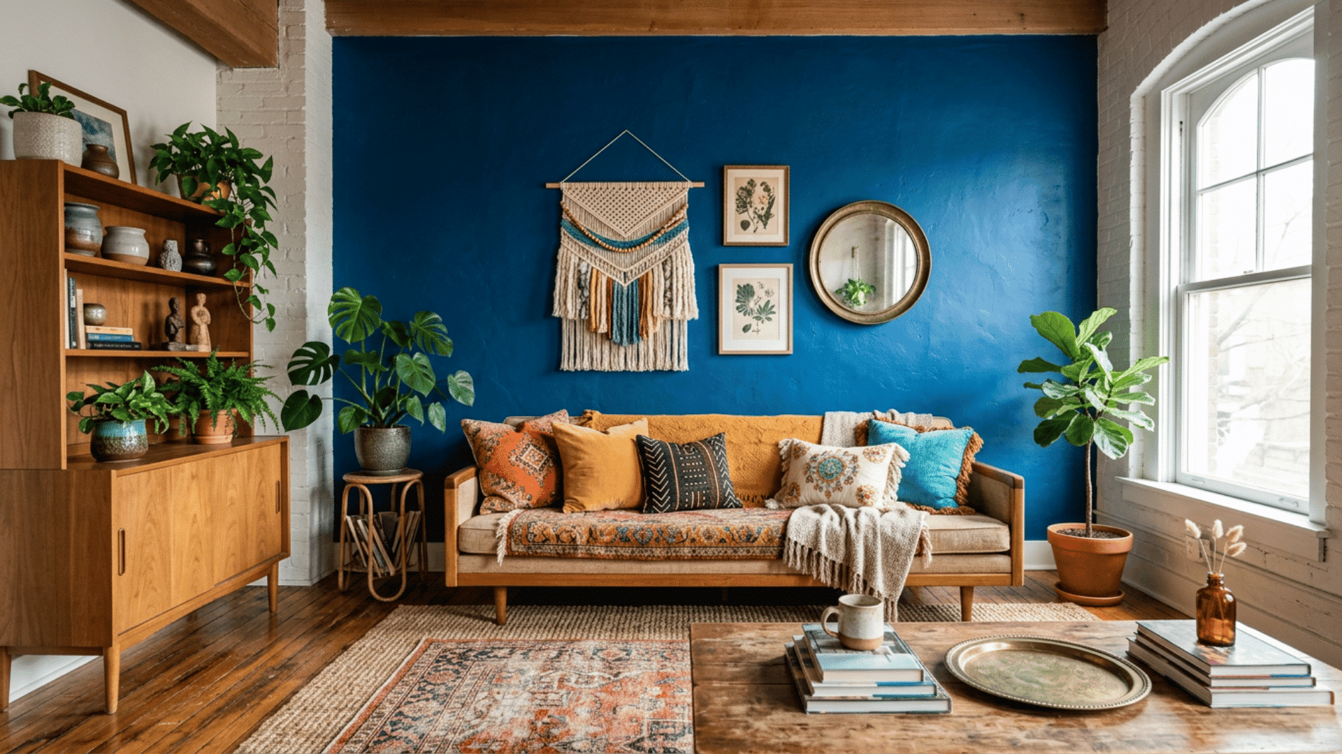 boho living room with blue accent wall patterned cushions woven decor indoor plants and wooden furniture