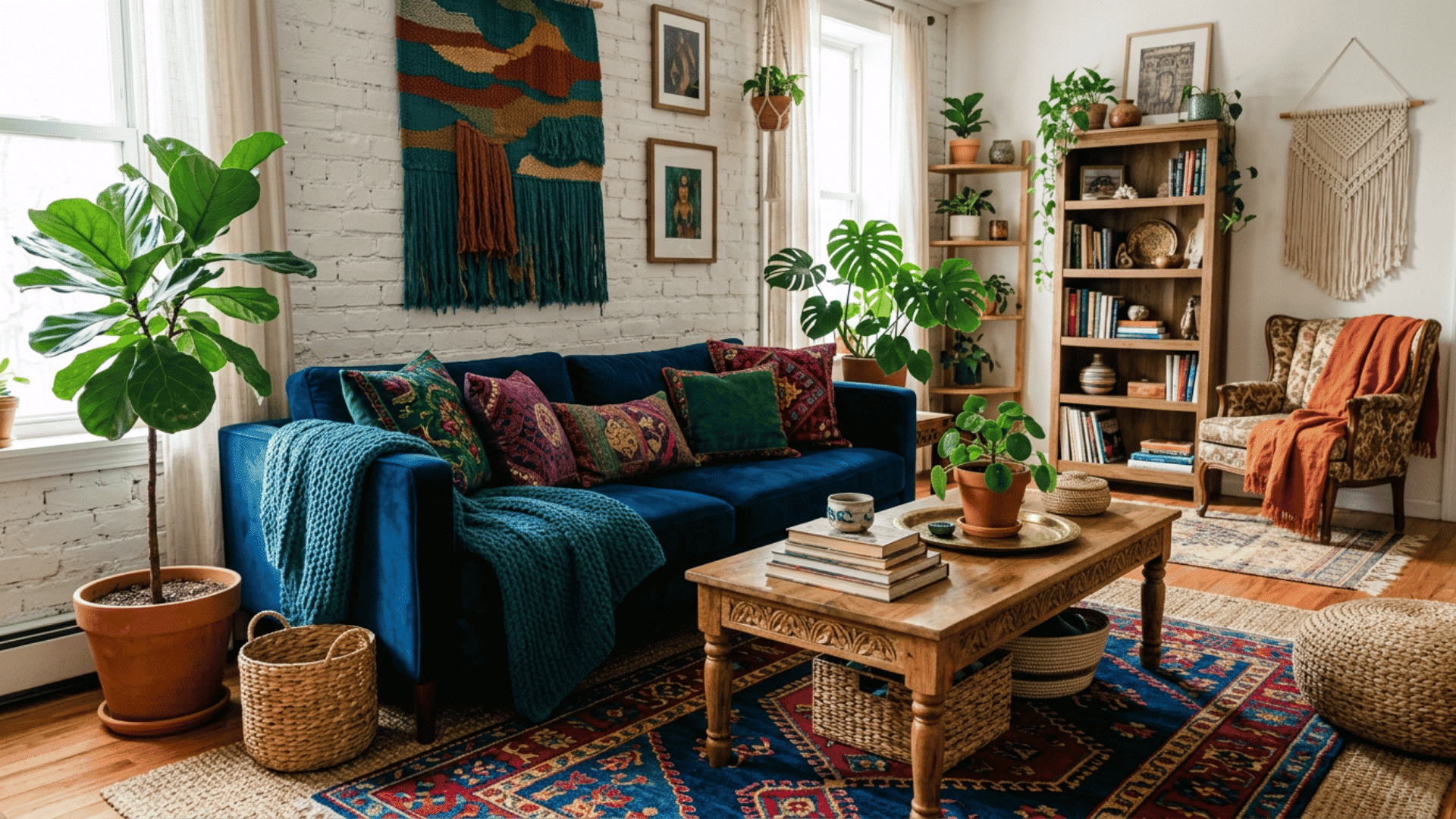 boho living room with blue velvet sofa colorful textiles indoor plants woven decor and rustic furniture