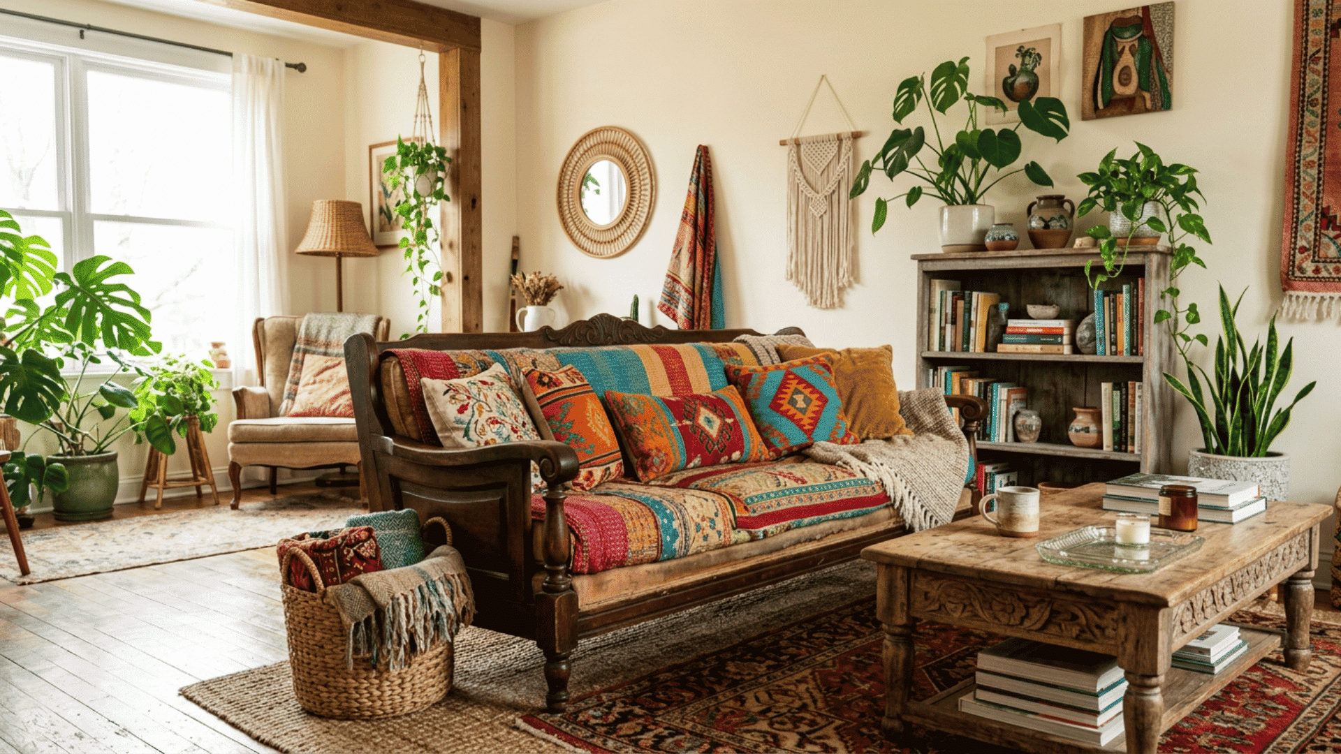 boho living room with carved wooden sofa colorful textiles indoor plants and rustic handcrafted decor
