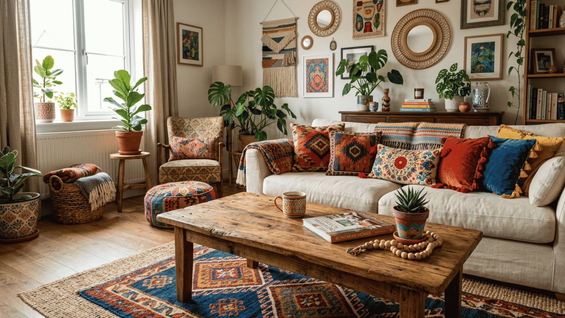 boho living room with colorful cushions woven wall decor indoor plants and rustic wooden furniture