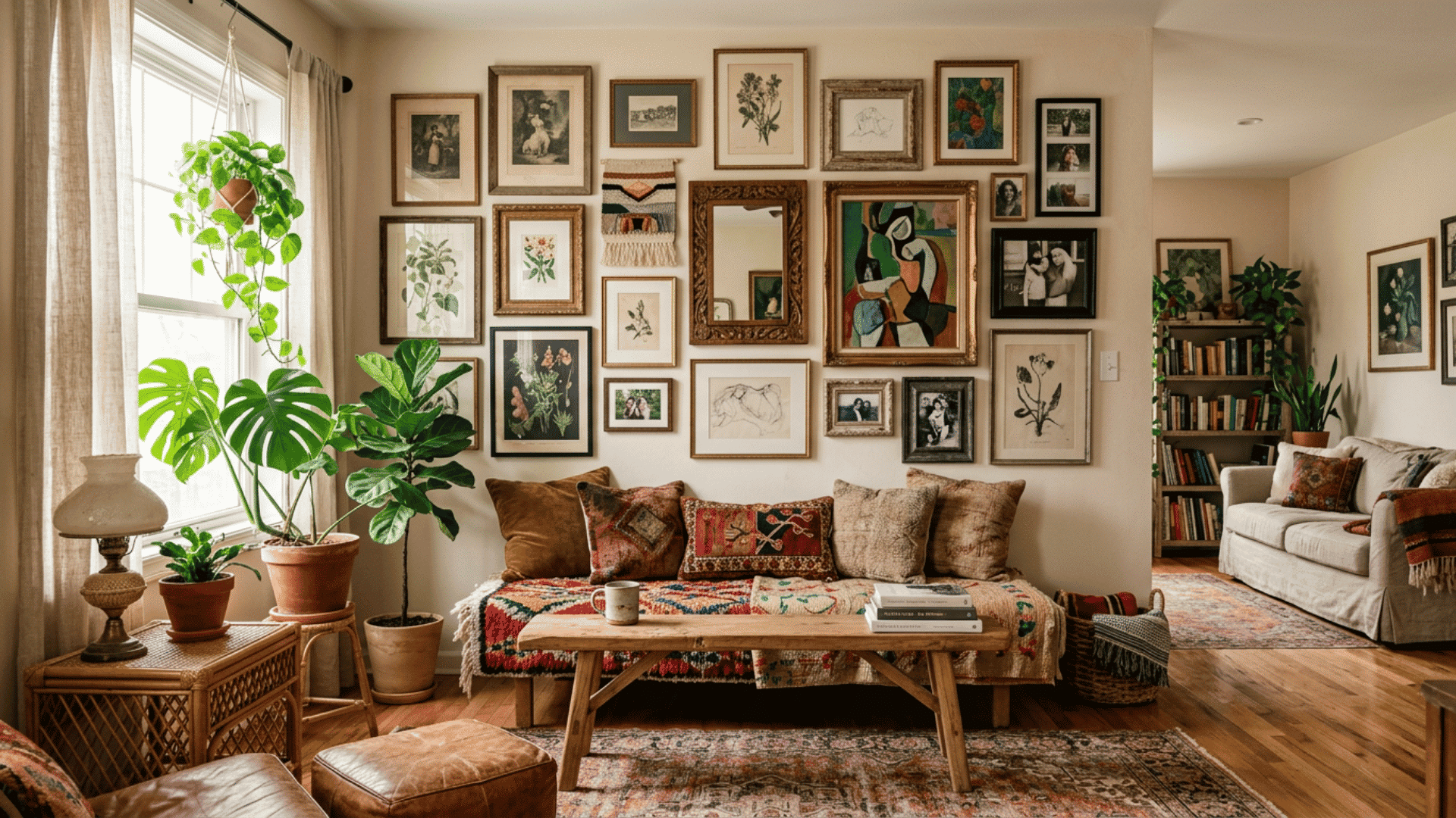 boho living room with gallery wall patterned textiles indoor plants wooden furniture and cozy decor