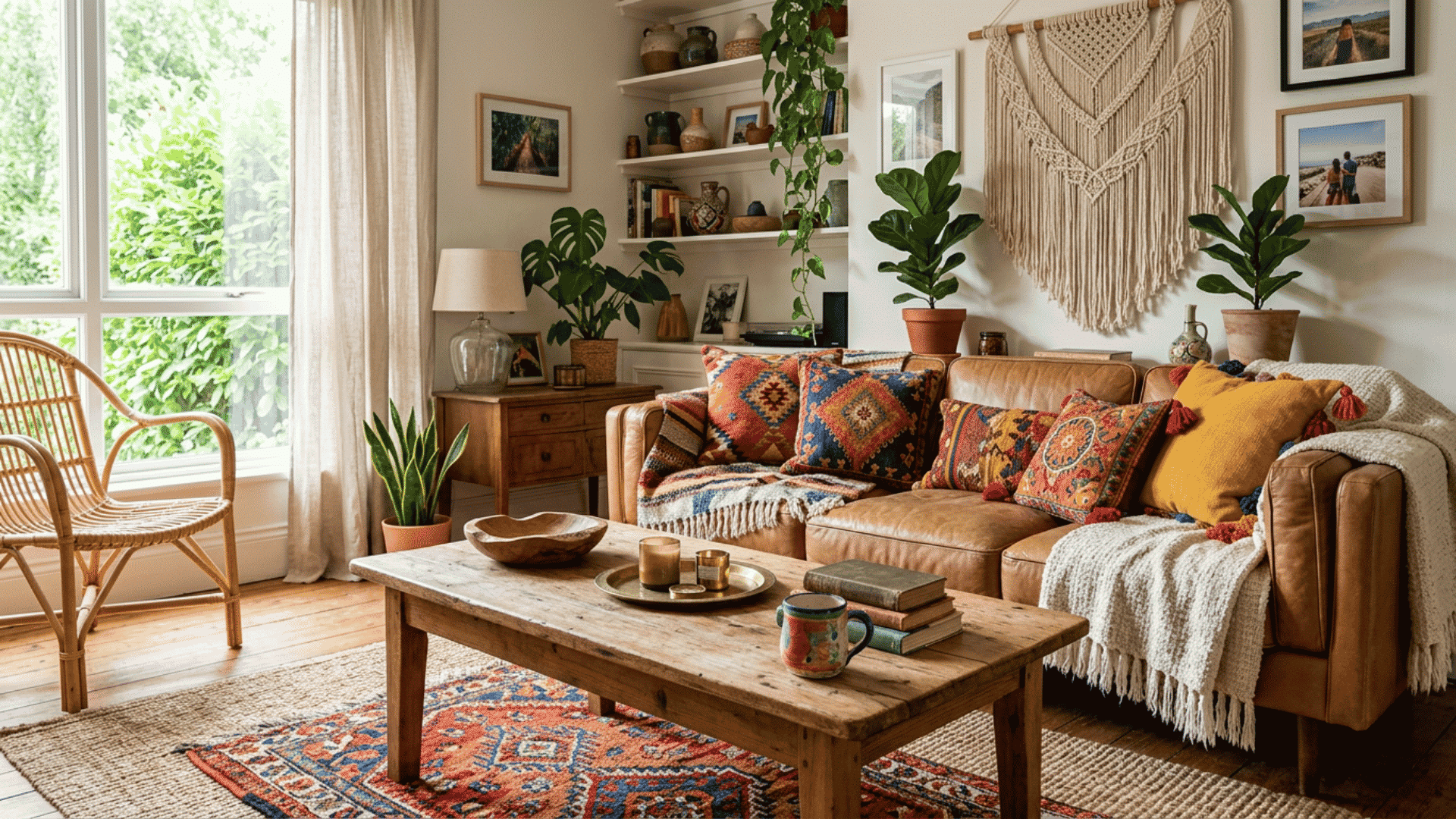 boho living room with leather sofa colorful cushions macrame wall hanging plants and rustic wooden table