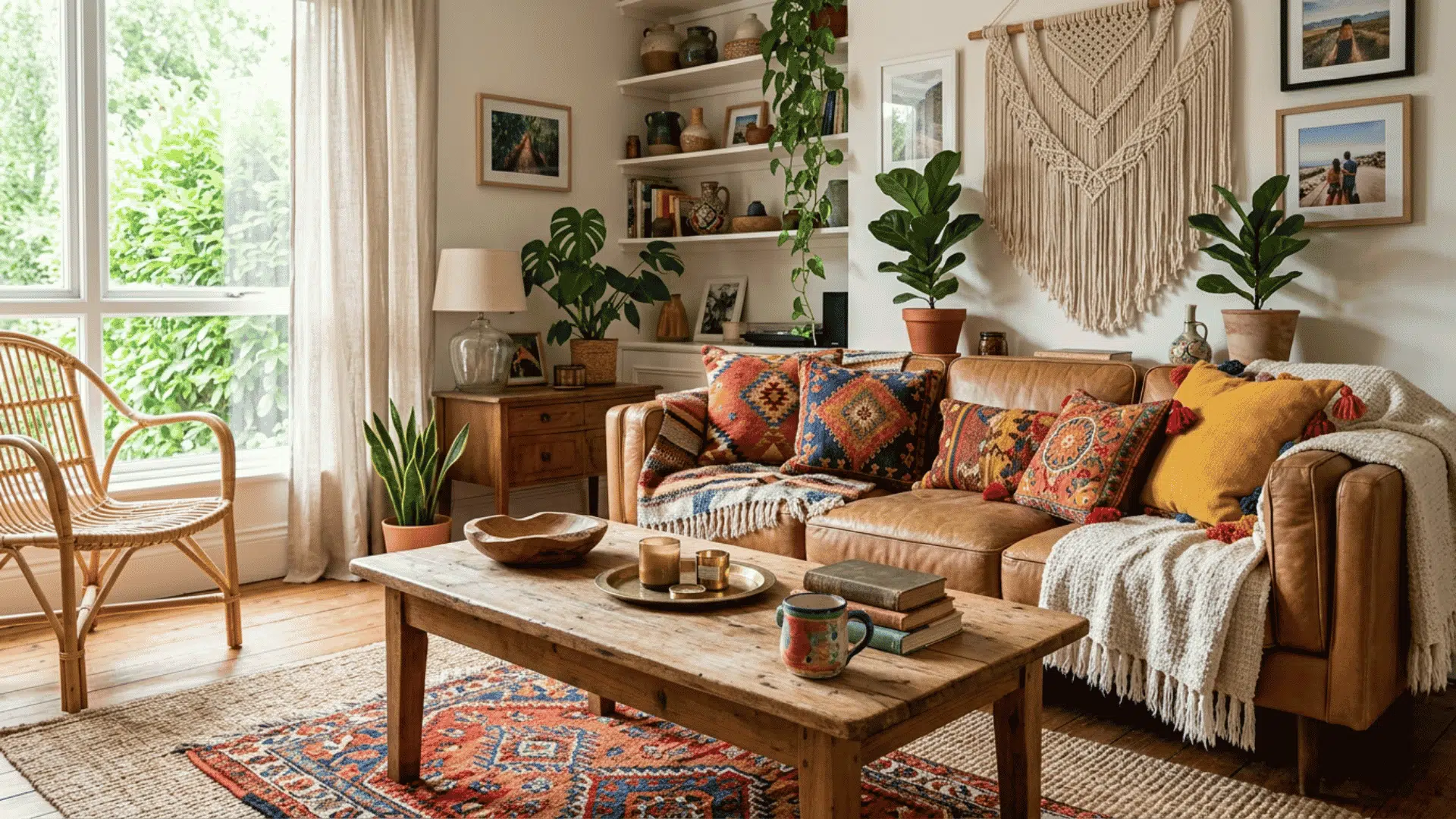 boho living room with leather sofa colorful cushions macrame wall hanging plants and rustic wooden table