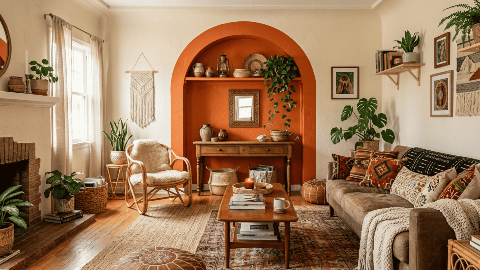boho living room with orange accent alcove patterned cushions woven decor houseplants and warm textures