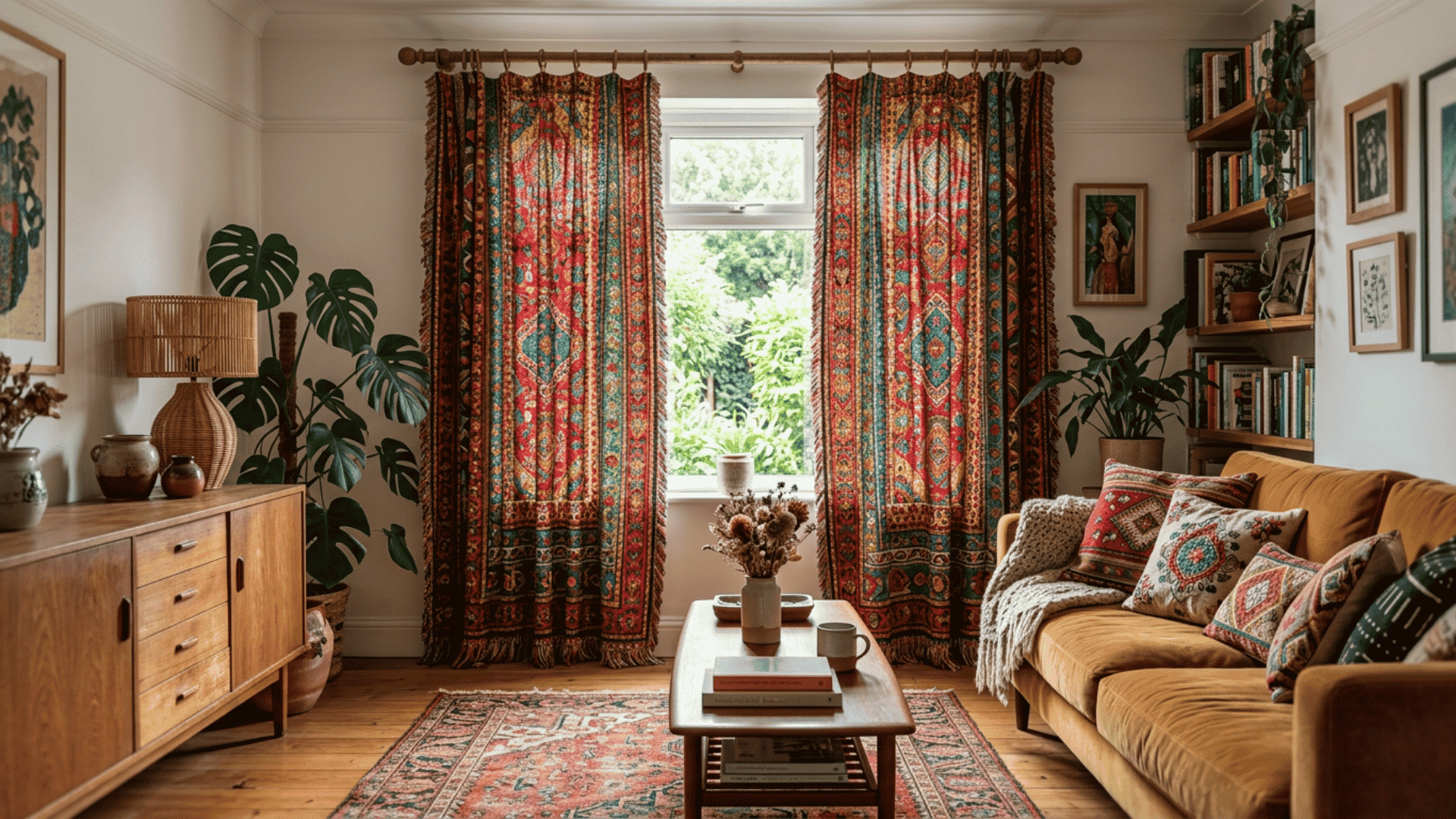 boho living room with patterned curtains mustard sofa colorful cushions wooden furniture and lush plants