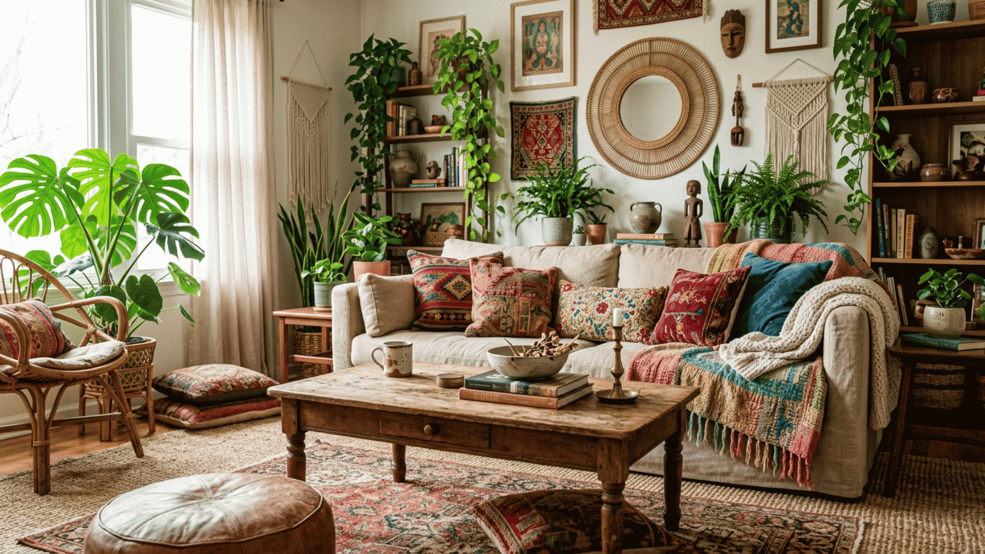 boho living room with patterned cushions woven wall decor lush plants rustic furniture and cozy textiles