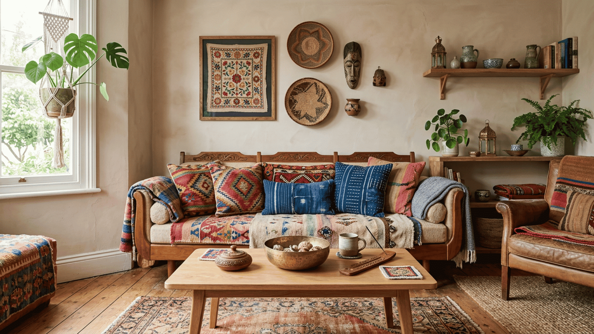 boho living room with patterned cushions woven wall decor wooden furniture and warm earthy accents