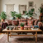 boho living room with patterned sofa woven wall hanging indoor plants wooden furniture and cozy decor