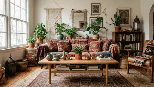 boho living room with patterned sofa woven wall hanging indoor plants wooden furniture and cozy decor