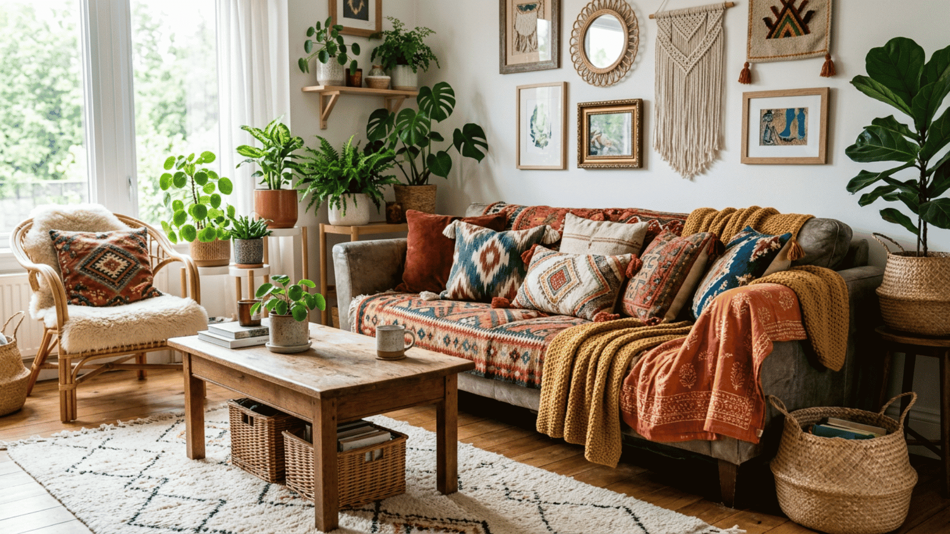 boho living room with patterned sofa woven wall hangings lush plants wooden table and cozy textiles