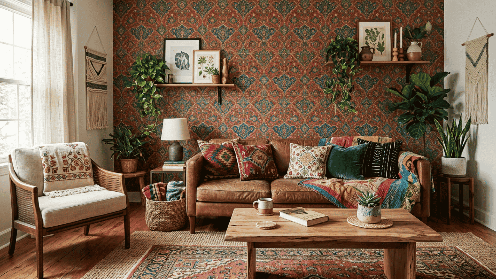 boho living room with patterned wallpaper leather sofa colorful cushions indoor plants and wooden accents