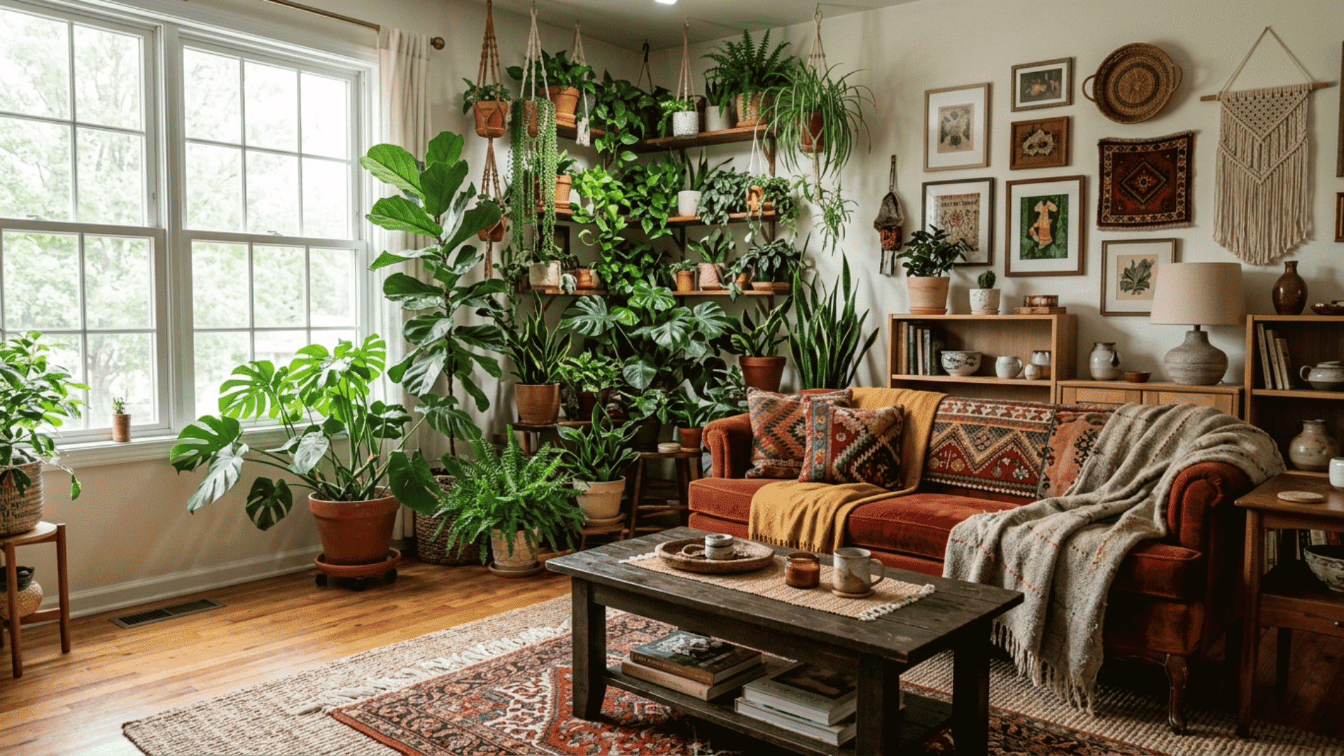 boho living room with rust sofa abundant houseplants woven wall decor and warm natural textures