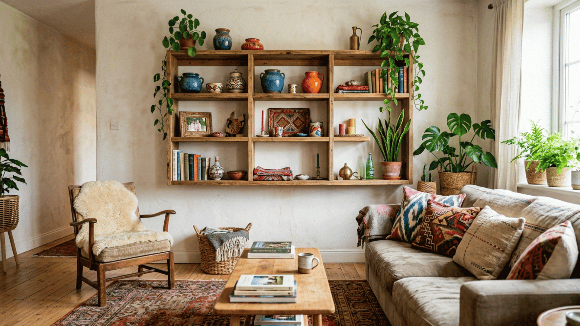 boho living room with rustic shelving patterned cushions indoor plants and warm natural textures