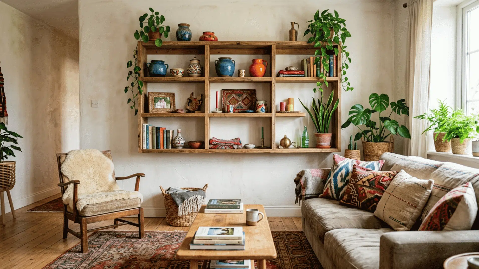 boho living room with rustic shelving patterned cushions indoor plants and warm natural textures