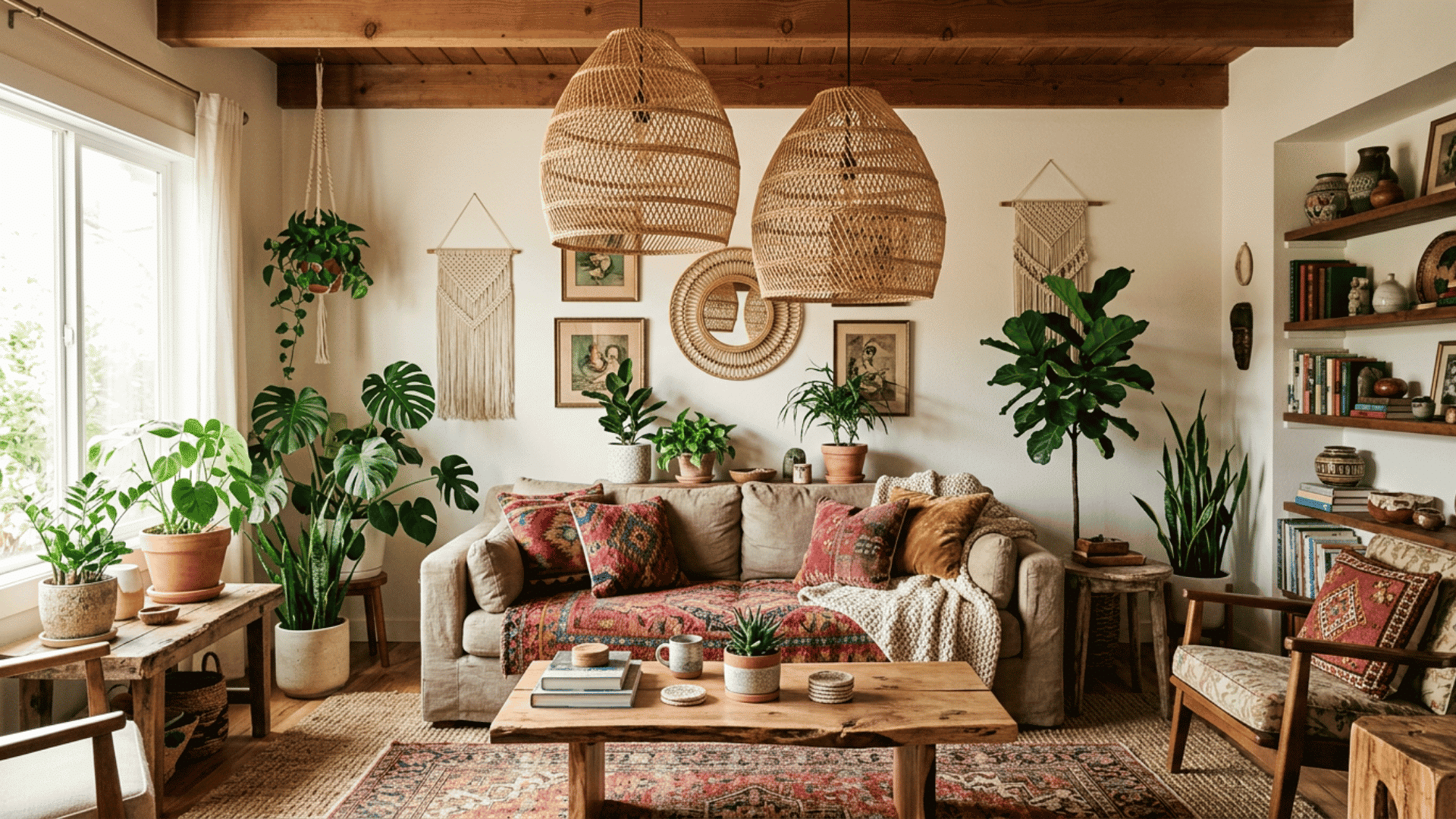 boho living room with woven pendant lights colorful textiles lush plants and warm natural decor