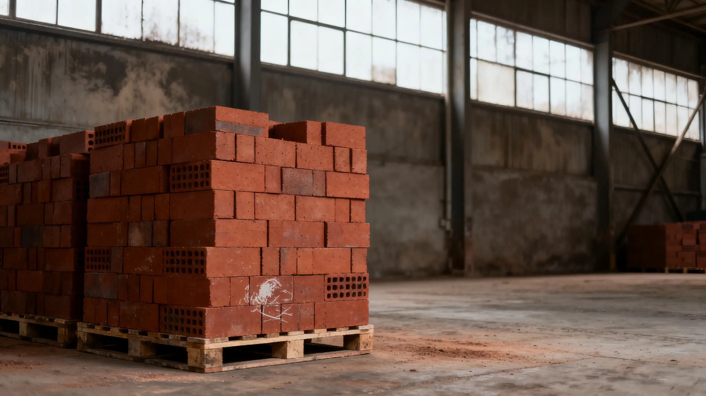 Stacks of red bricks on pallets in spacious industrial warehouse with large windows