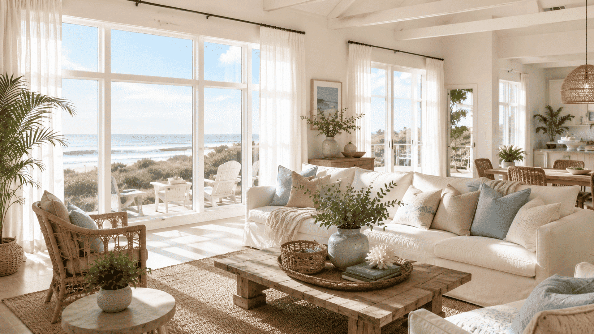 bright coastal inspired room filled with natural light large windows and an airy open atmosphere