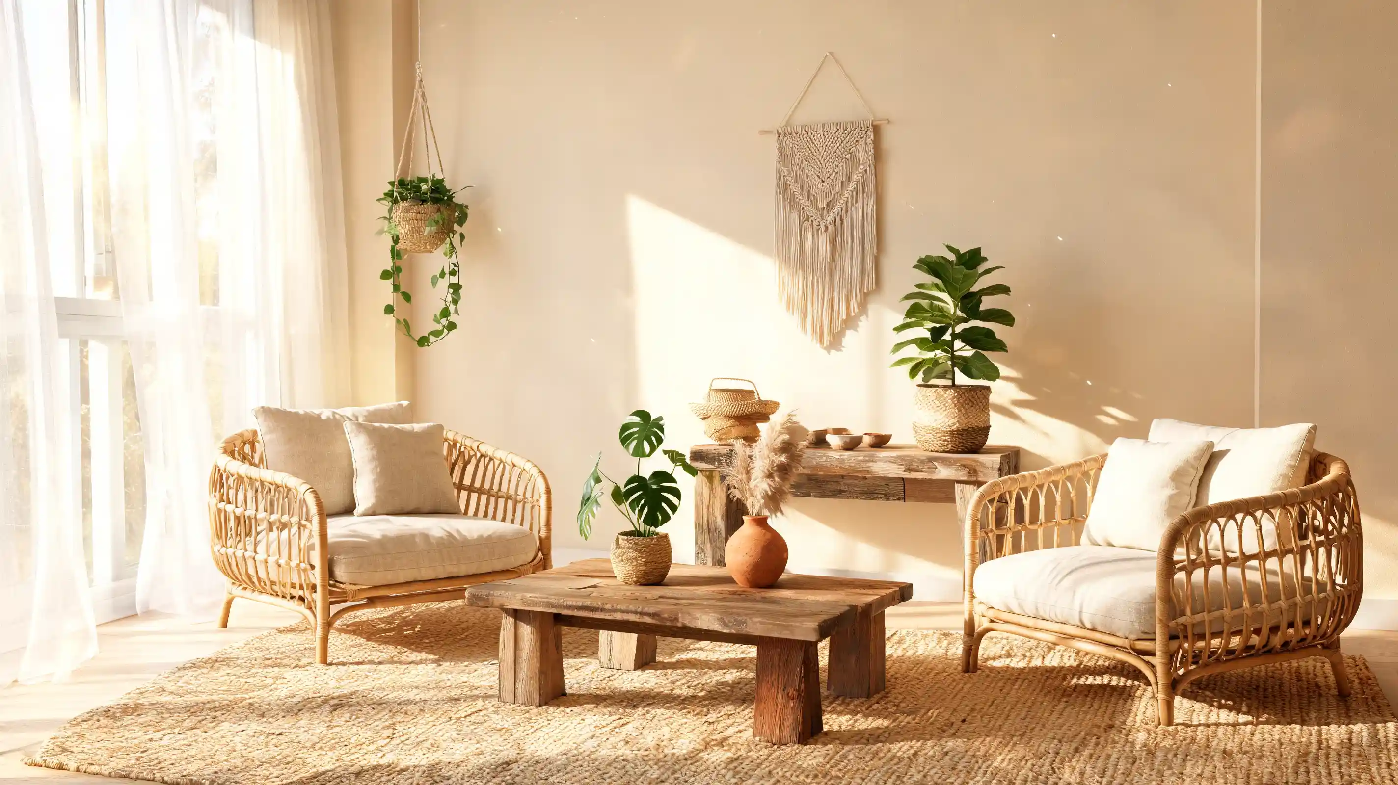 bright, sunlit bohemian living room featuring two rattan armchairs, a rustic wooden coffee table, jute rug, and various potted plants against pale walls
