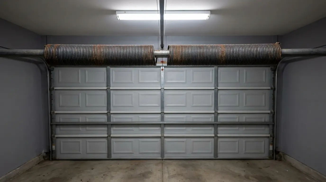 Closed grey garage door with torsion spring system in dimly lit garage interior