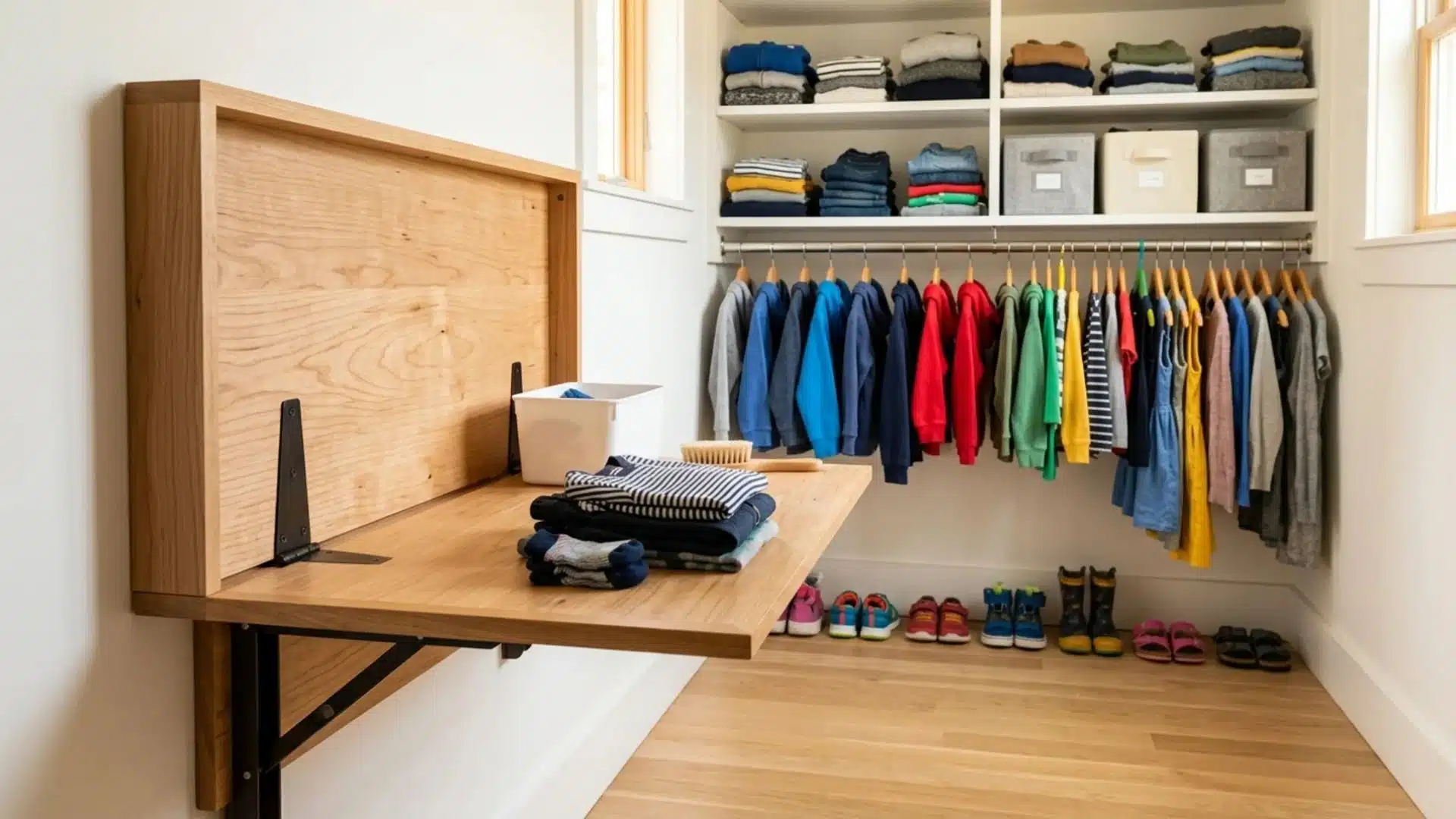 kids closet with a wood fold-down desk, colorful hanging clothes, folded clothes on shelves and shoes on the floor