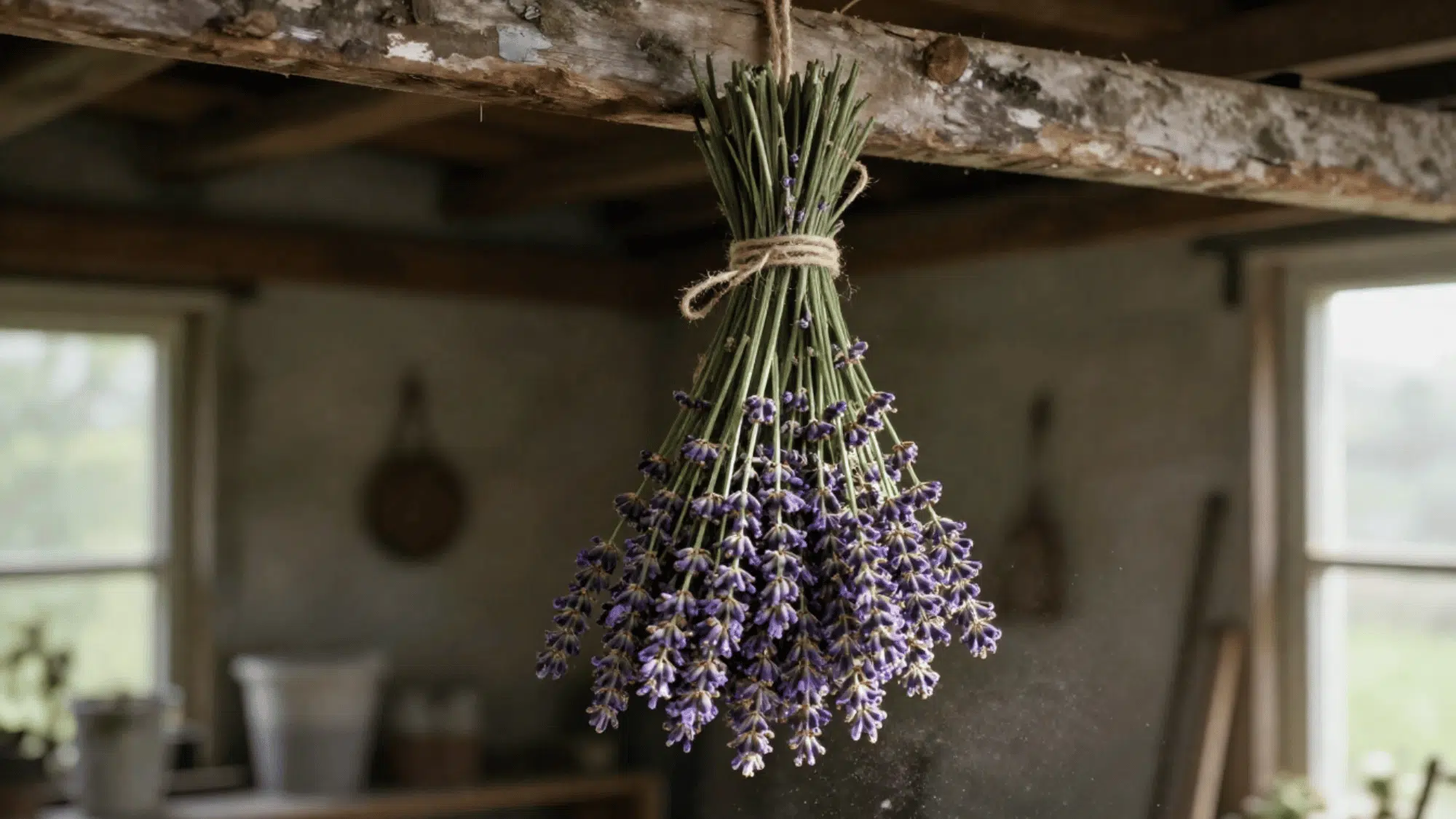 bundle of fresh cut lavender tied with rough twine hanging upside down from a wooden beam in a dim potting shed