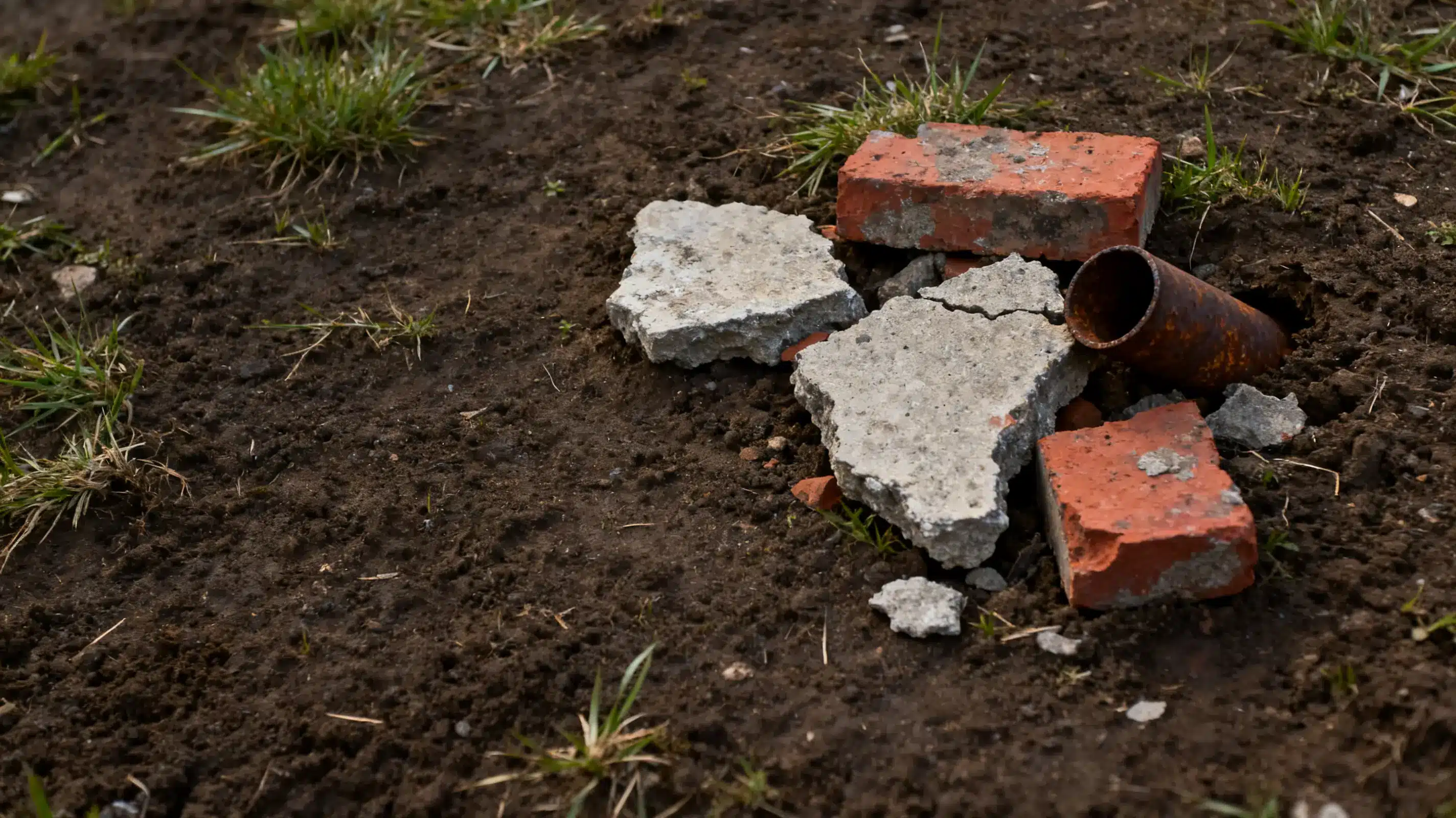 Broken bricks and concrete rubble with rusted pipe on dirt ground with sparse grass