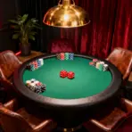 Poker table with green felt, poker chips, red dice, and leather chairs in dimly lit room