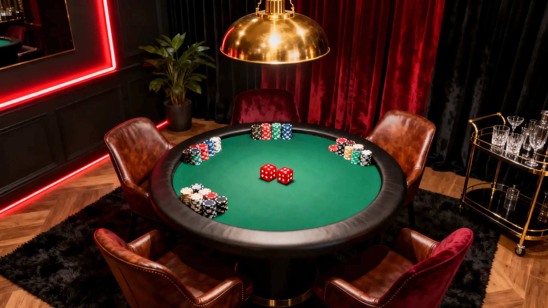 Poker table with green felt, poker chips, red dice, and leather chairs in dimly lit room