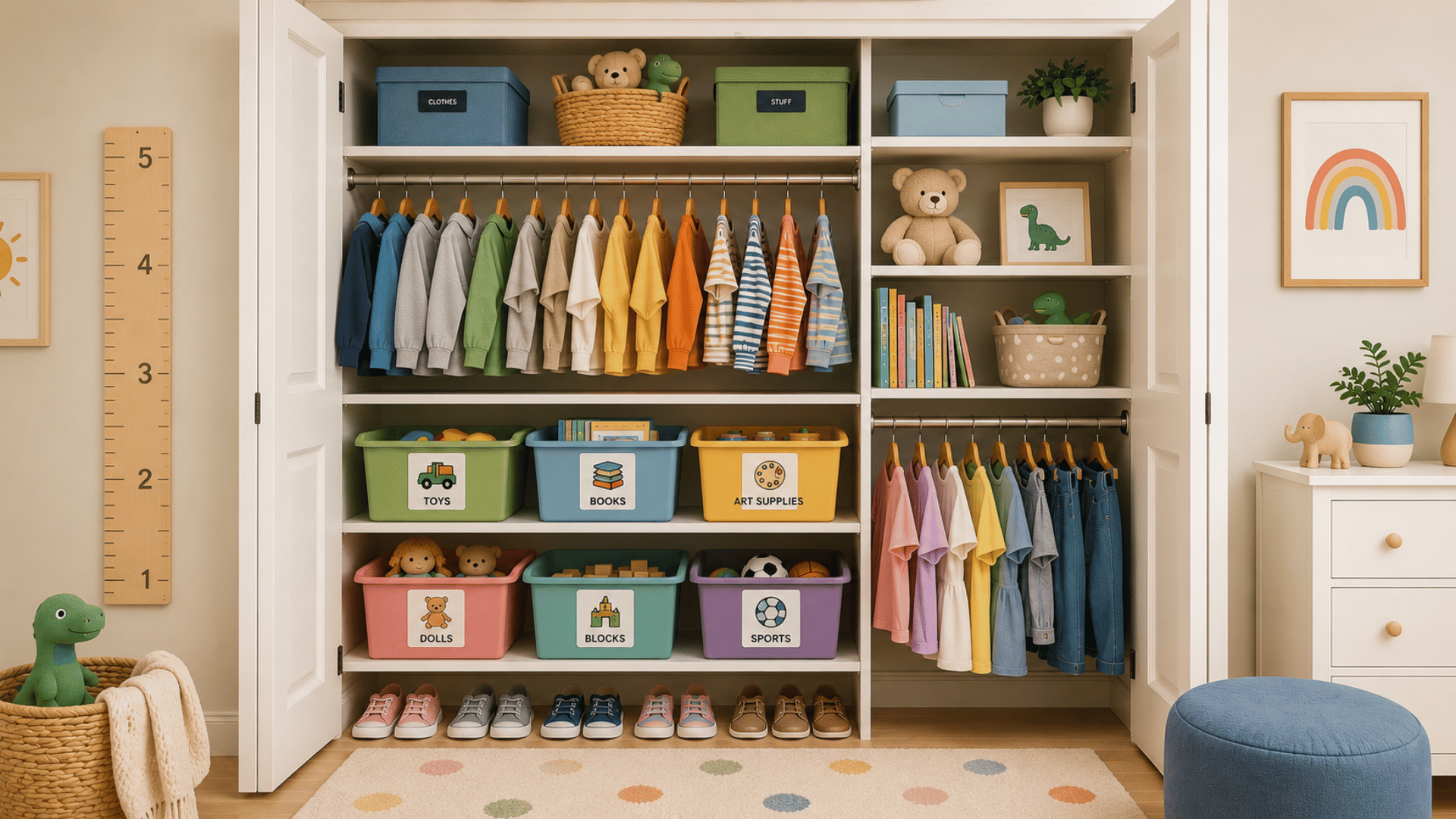 child friendly closet with adjustable shelving accessible storage bins and organized clothing areas