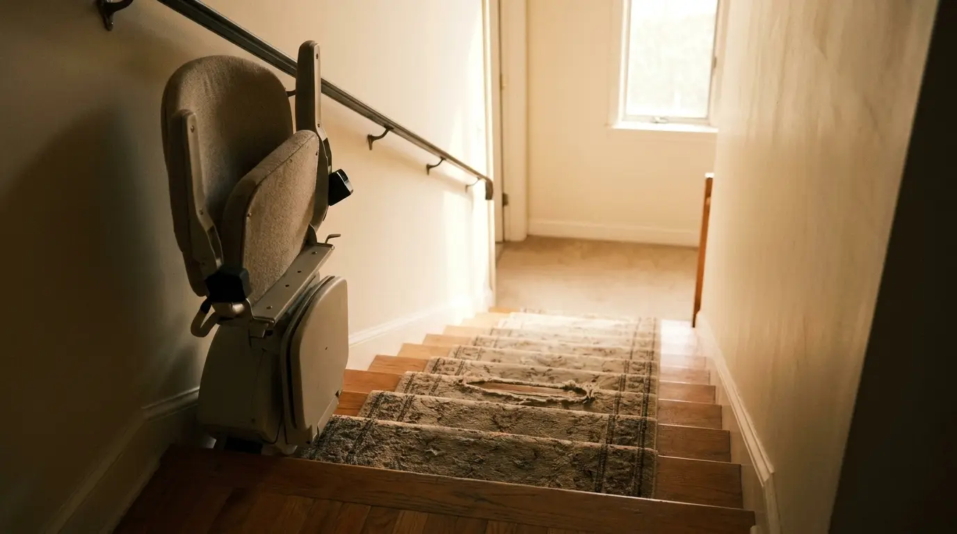 Stair lift installed on carpeted wooden stairs in well-lit hallway