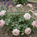 close up of a natural rose bush growing next to purple lavender and alliums in a realistic garden dirt bed
