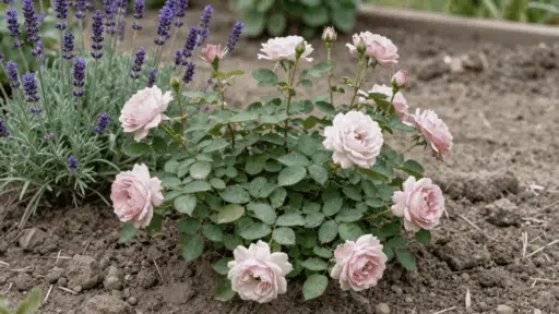 close up of a natural rose bush growing next to purple lavender and alliums in a realistic garden dirt bed