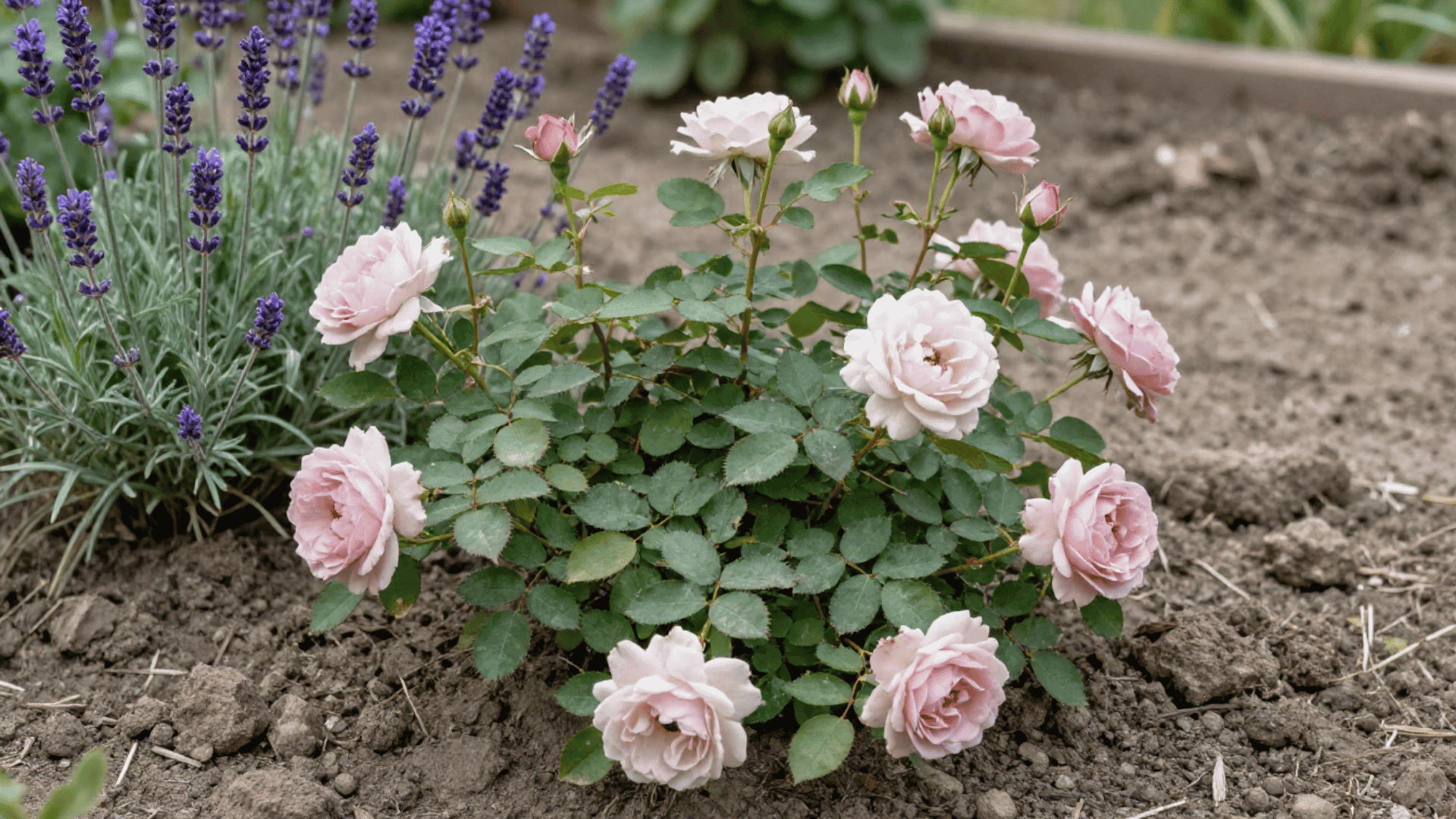 close up of a natural rose bush growing next to purple lavender and alliums in a realistic garden dirt bed